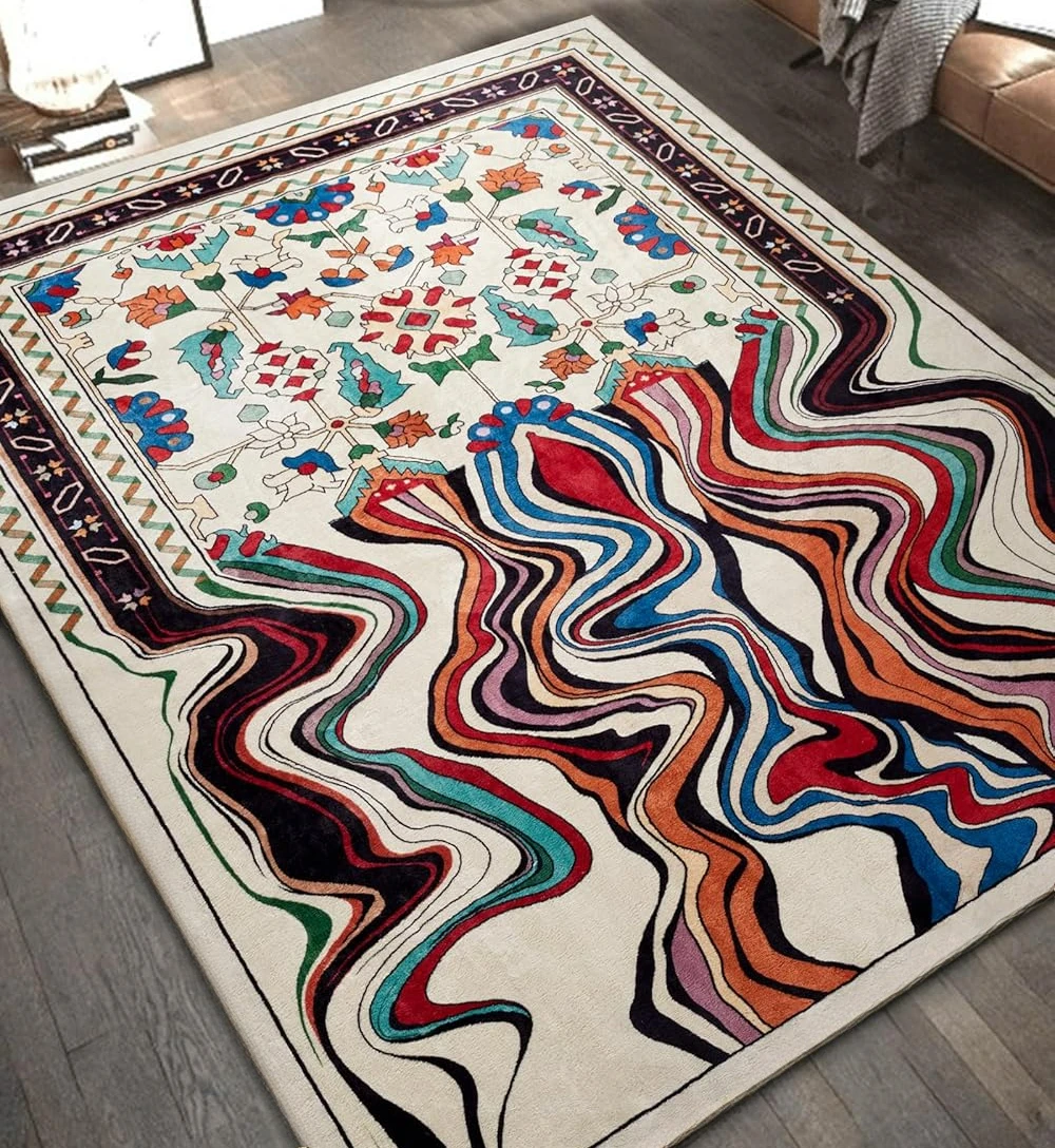 Vintage Wine Red Melting Oriental Carpet for Living Room Bedroom Soft Non-Slip Area Rug Balcony Boho Wavy Funky Abstract Rugs
