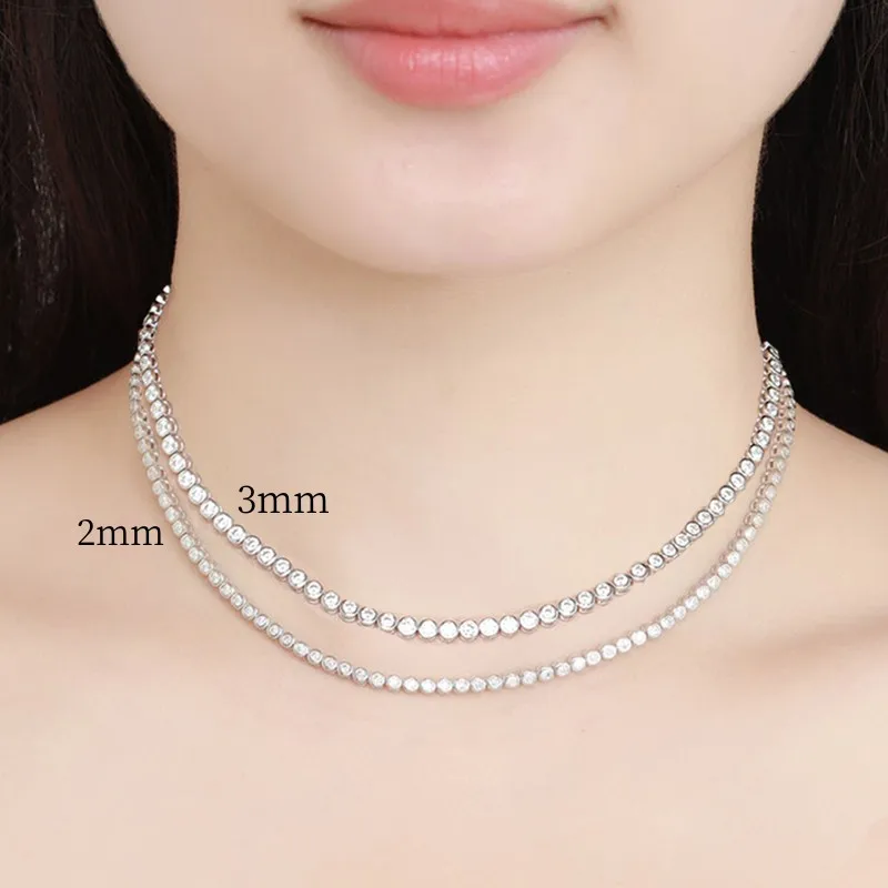 Full 2mm/3mm VVS1 Moissanite Bubble Tennis Necklace For Women S925 Sterling Silver Plated 18k Neck Chain Choker Bracelet Jewelry