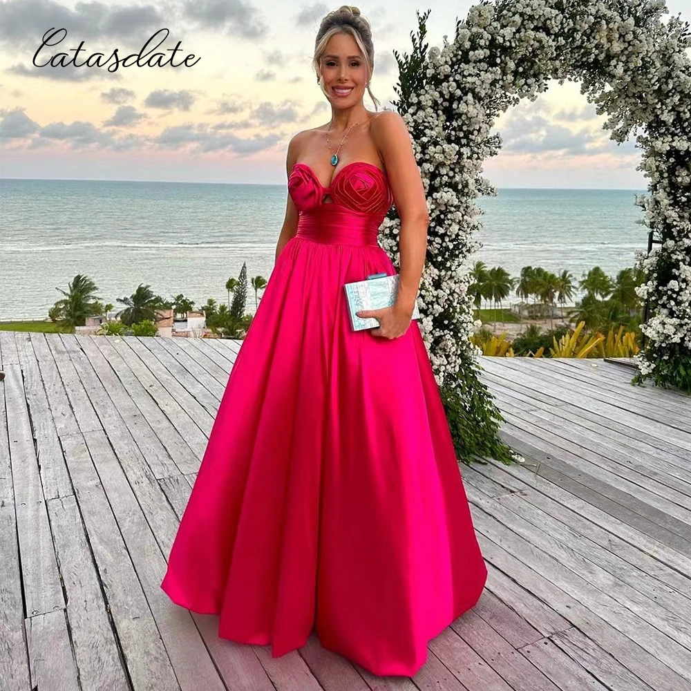 Catasdate Fuchsia Evening Party Dress Flowers A Line Prom Party Gown for Women Strapless Chirstmas Party Wear New Year Dress