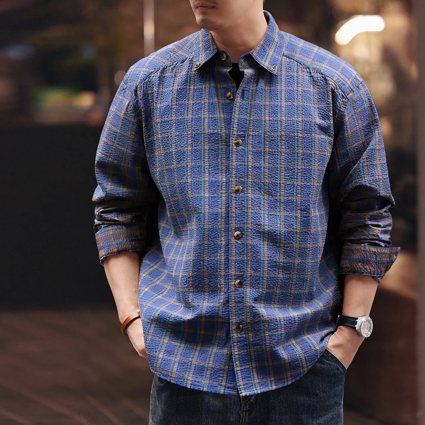 Trendy Men's New Style Shirt - American Retro Bubble Weave Checkered Long-Sleeved Shirt - Loose-Fitting Casual Pure Cotton Shirt