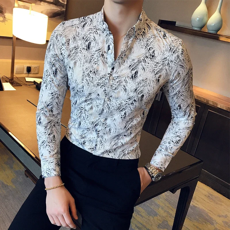 

2024 New Gold Silk Vintage Printed Shirt Men Long Sleeves Slim Fit Social Tuxedo Club Prom Casual Shirt Hommes Mens Clothing 4XL