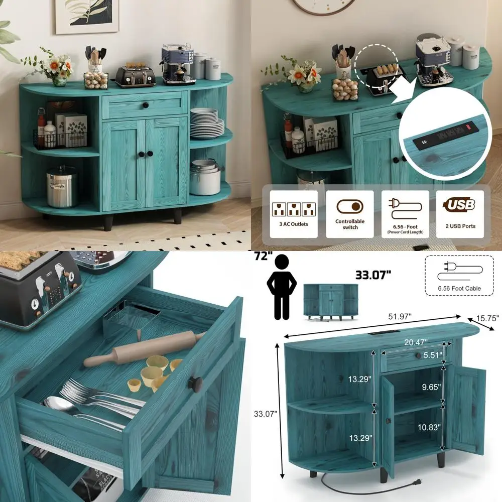 

Electricity-Enabled Sideboard Buffet Cabinet, Freestanding Kitchen Storage Cabinet, Accent Coffee Bar with Doors, Vintage Blue F