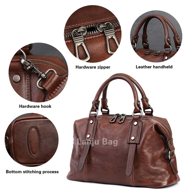 Original retro women's handbag Boston pillow bag Large capacity travel bag Luxury leather one shoulder crossbody bag