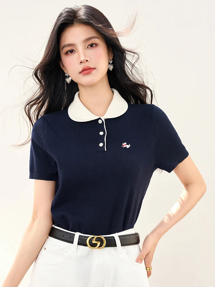 كلية نمط قصيرة الأكمام تي شيرت المرأة بولو الرقبة محبوك قميص شيك التخسيس تي شيرت الإناث أنيقة بلايز المحملة 2025 الصيف