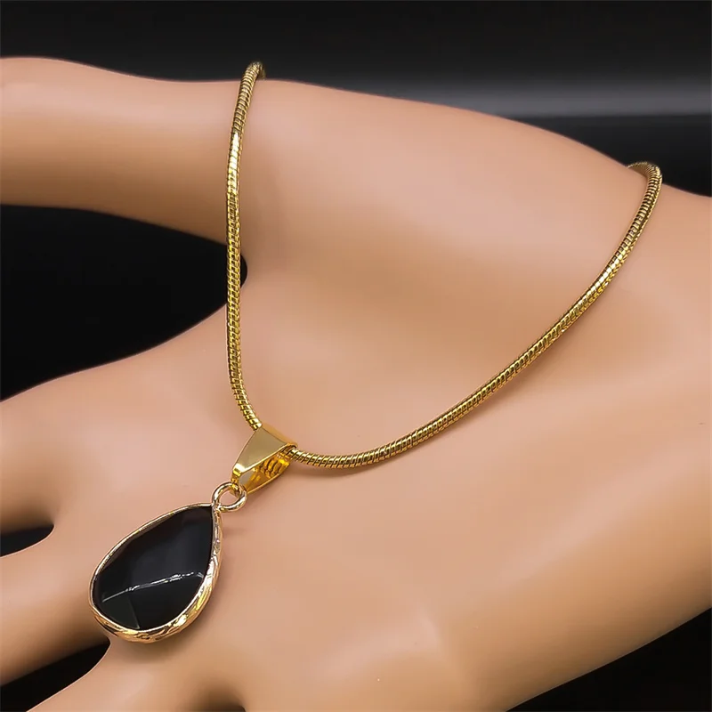 Wassertropfen Schwarz Natürlicher Obsidian Stein Anhänger Halskette für Frauen Vintage Edelstahl Schlangenkette Choker Halsketten Schmuck – Detail 7