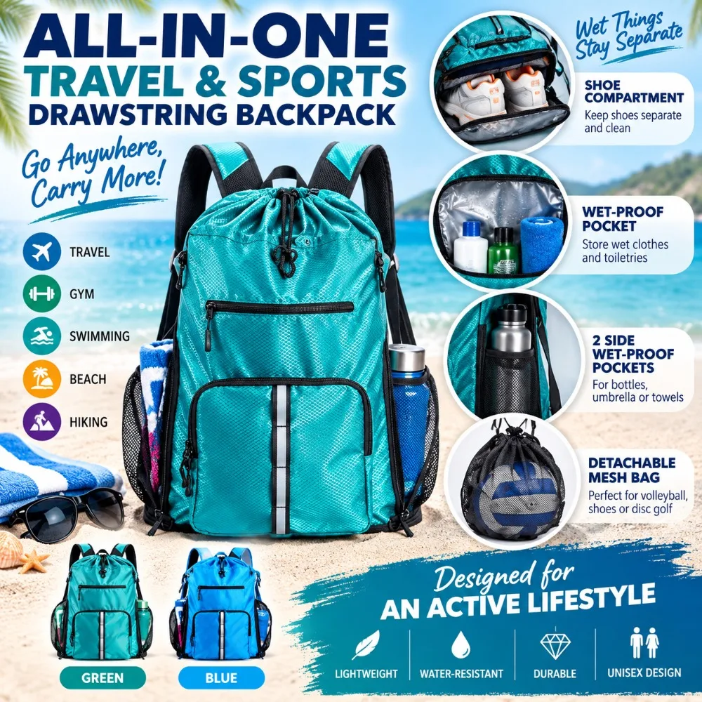 Water Resistant Beach Backpack Shoe Compartment Wet-Proof Pockets Drawstring Sports Pack Detachable Mesh Bag Adjustable Straps