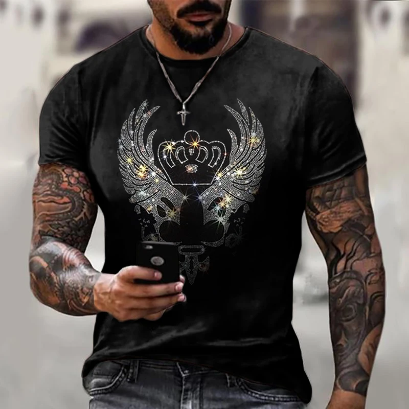 New Men\'s Fashion Diamonds T-Shirts Skull Hot Drill Tee Tops Short Sleeve O-Neck Rhinestone Club Men Clothing Tshirt Quality Y2K