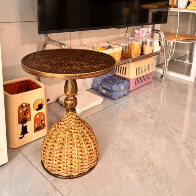 Round Rattan Side Table, Small End Table for Balcony, Living Room, Couch, Rustic Decor Nightstand for Home and Cafe