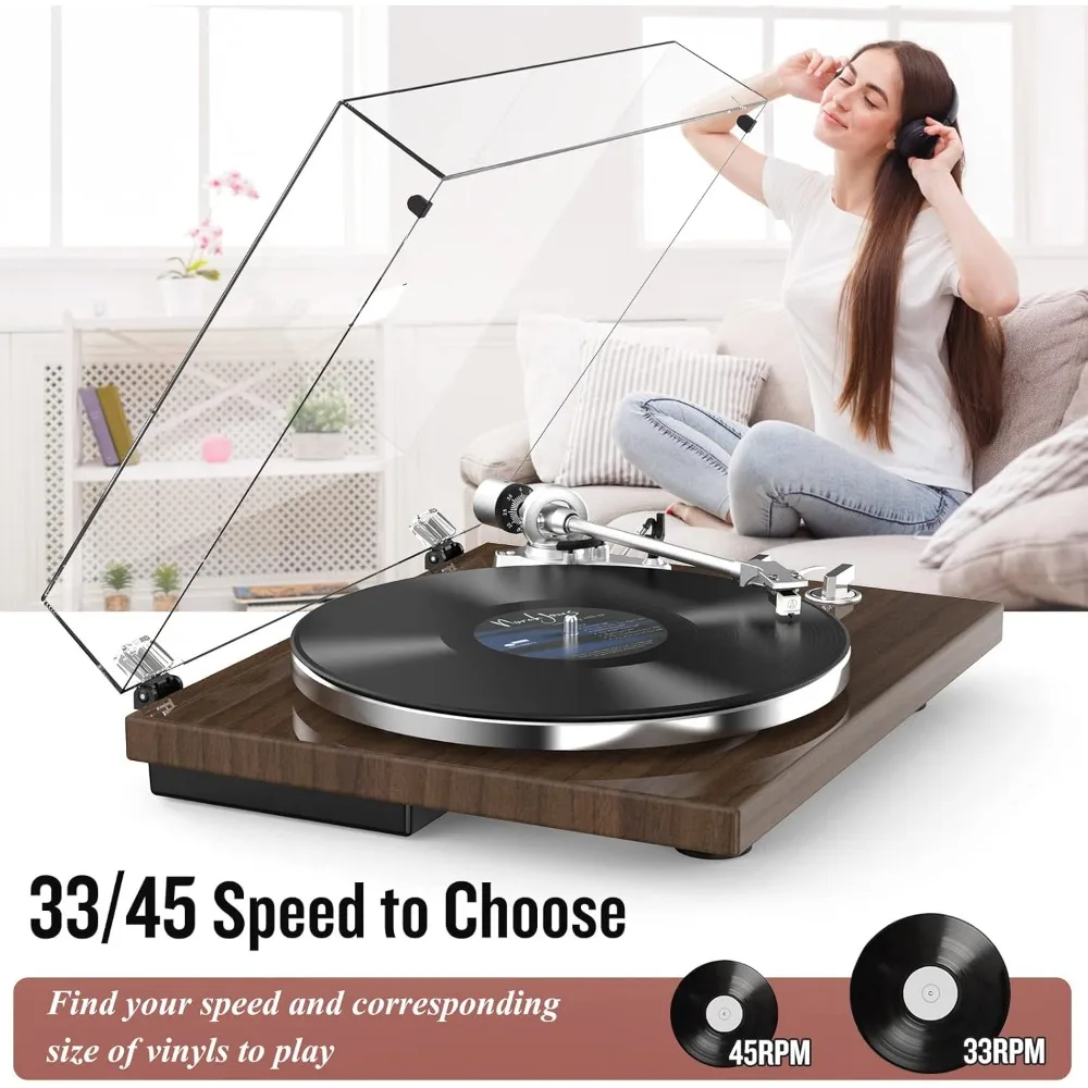 

Turntable Record Player Wireless Output Vinyl Players Aluminium Platter and Tonearm Belt-Drive LP Turntables 33 45 RPM Phono
