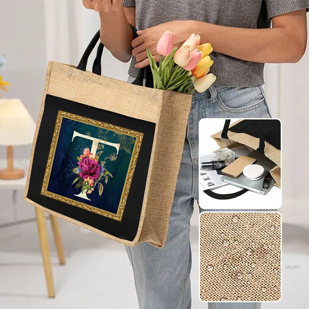 Black Shopping Bag Flower Letter Series Printed Pattern Environmentally Friendly Linen Shoulder Bags Jute Imitation Linen Bag