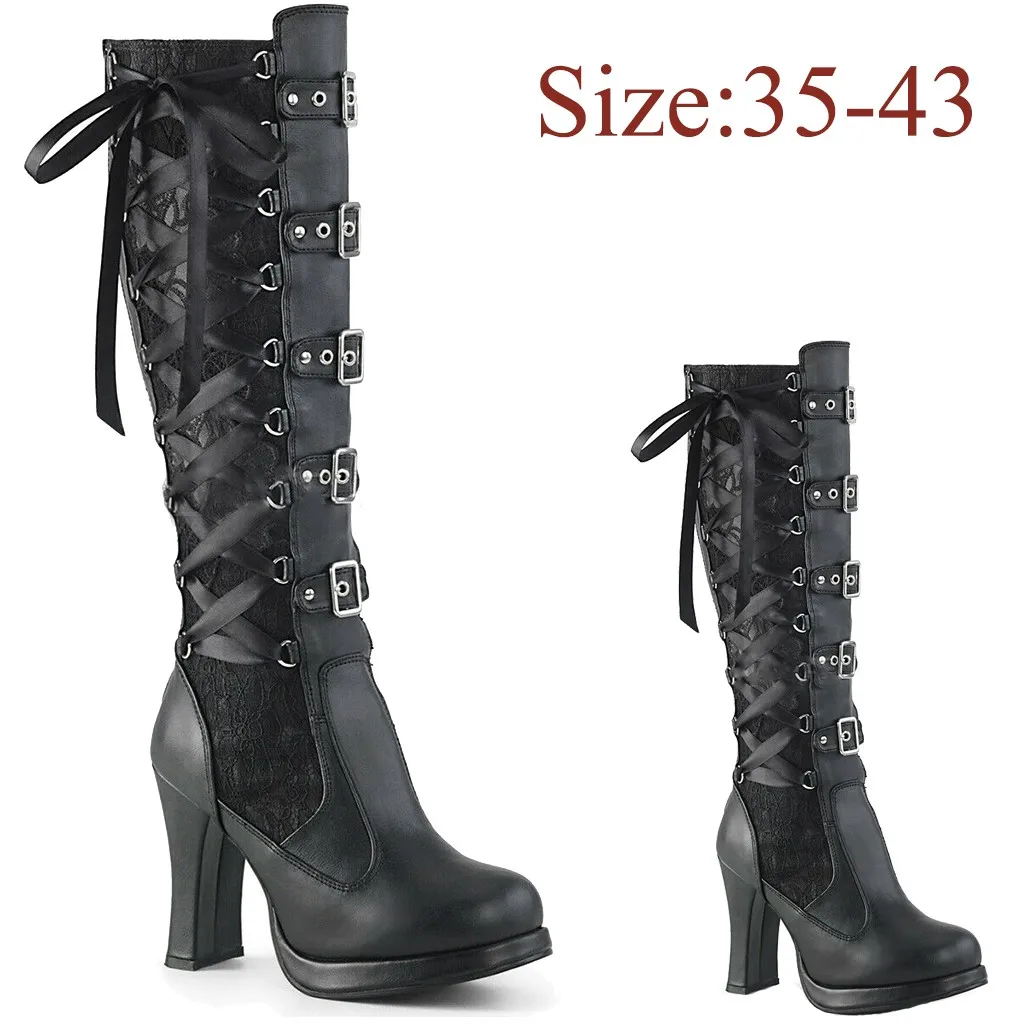 

Bows Cosplay Leather Tied Fashion Women Shoes Gothic Boots Kneeth Platform women's boots