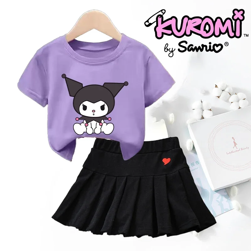 

Sanrio Kuromi Kids T-shirt Shorts Skirt Set Fashion Love Embroidered Pleated Skirts Cartoon Summer Girls Birthday Toddler Gifts