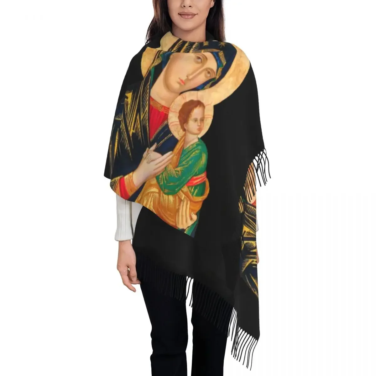 Luxury Our Lady Of Perpetual Help Tassel Scarf Women Winter Warm Shawl Wrap  Catholic Virgin Mary Scarves