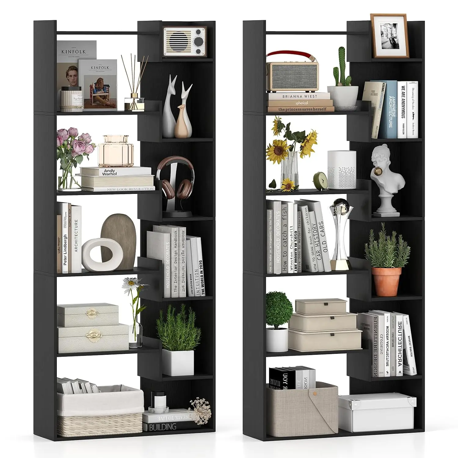 6-Tier Wooden Bookcase Set 2 Staggered Open Display Shelf Anti-Tipping Kits 11 Shelves Storage Living Room, Customized