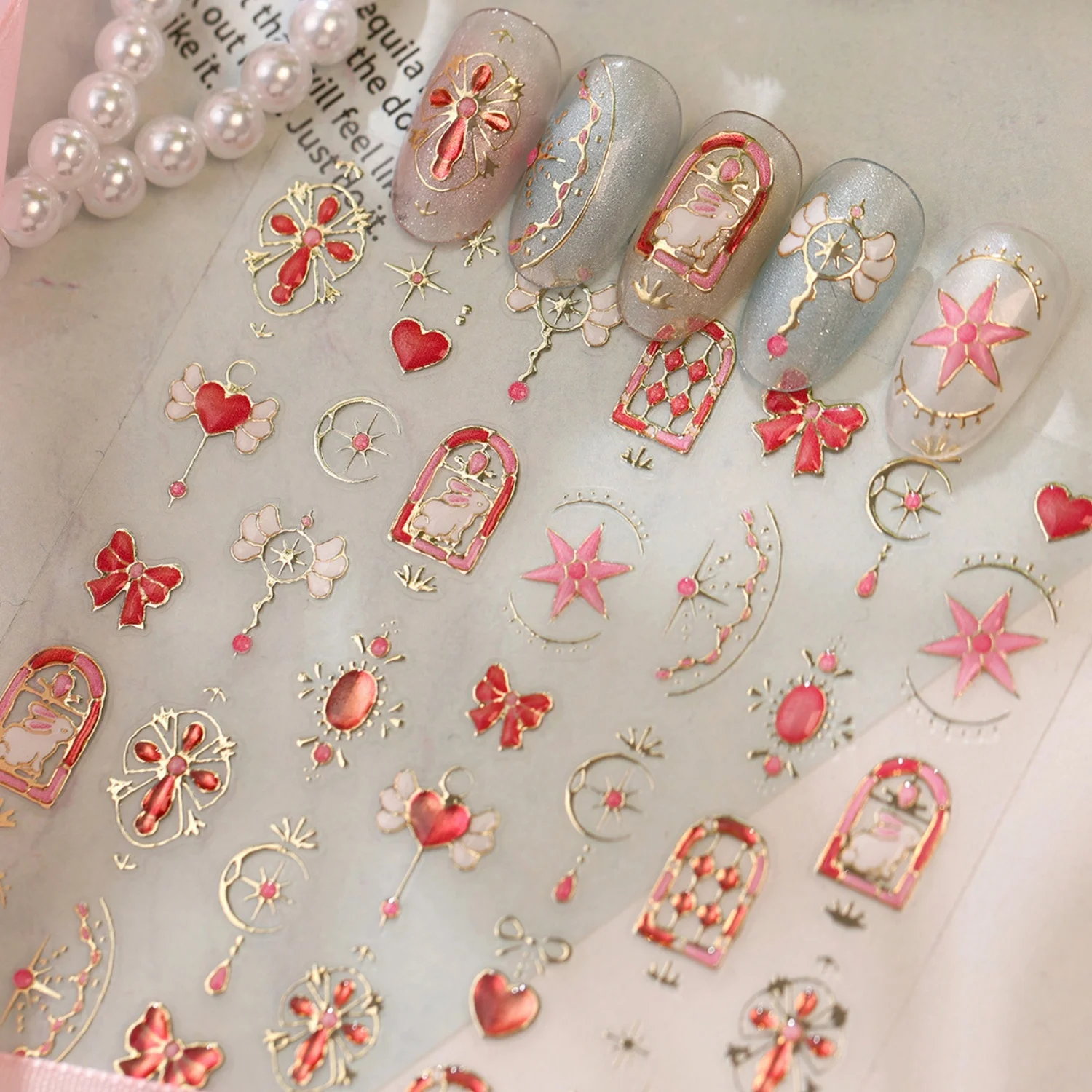 Elegant Vintage 5D Nail Stickers Gold Edge Arch Window Star Bow Heart Crescent Floral Wreath Pendant Self‑Adhesive Nail Decals