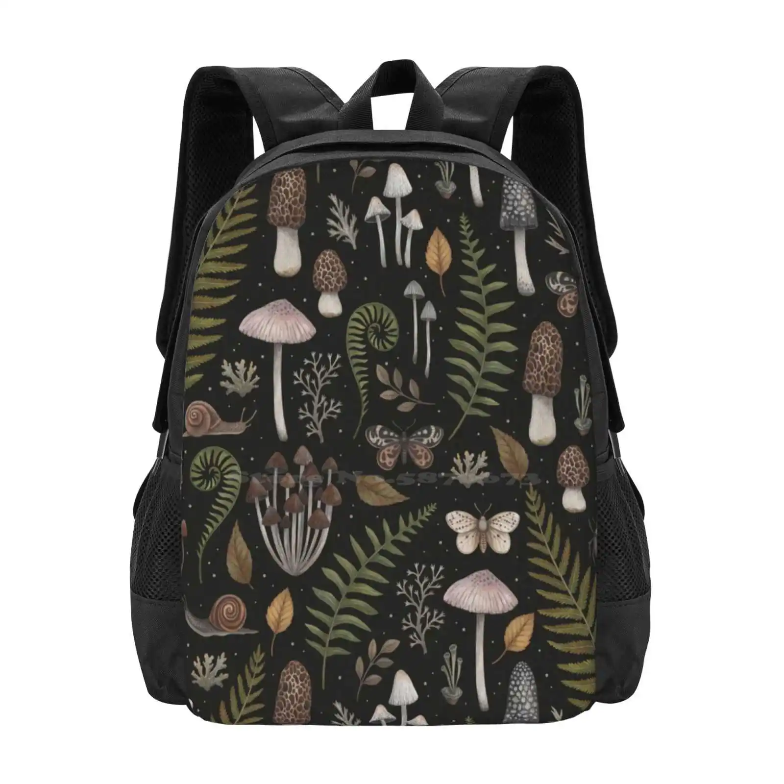 

Forest Treasures Hot Sale Schoolbag Backpack Fashion Bags Woods Pattern Mushrooms Fungi Fern Moths Lichen Moss Nature Botanical