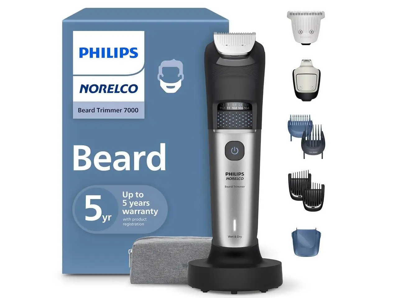 Philips Norelco Beard Trimmer 7000 Series, 100% Waterproof Trimmer for Men, 40 Lock-in Hair Length Settings, BeardSense Power Adaptability, Detail & T-Blade Trimmer Heads, Charging Stand, BT7670/40