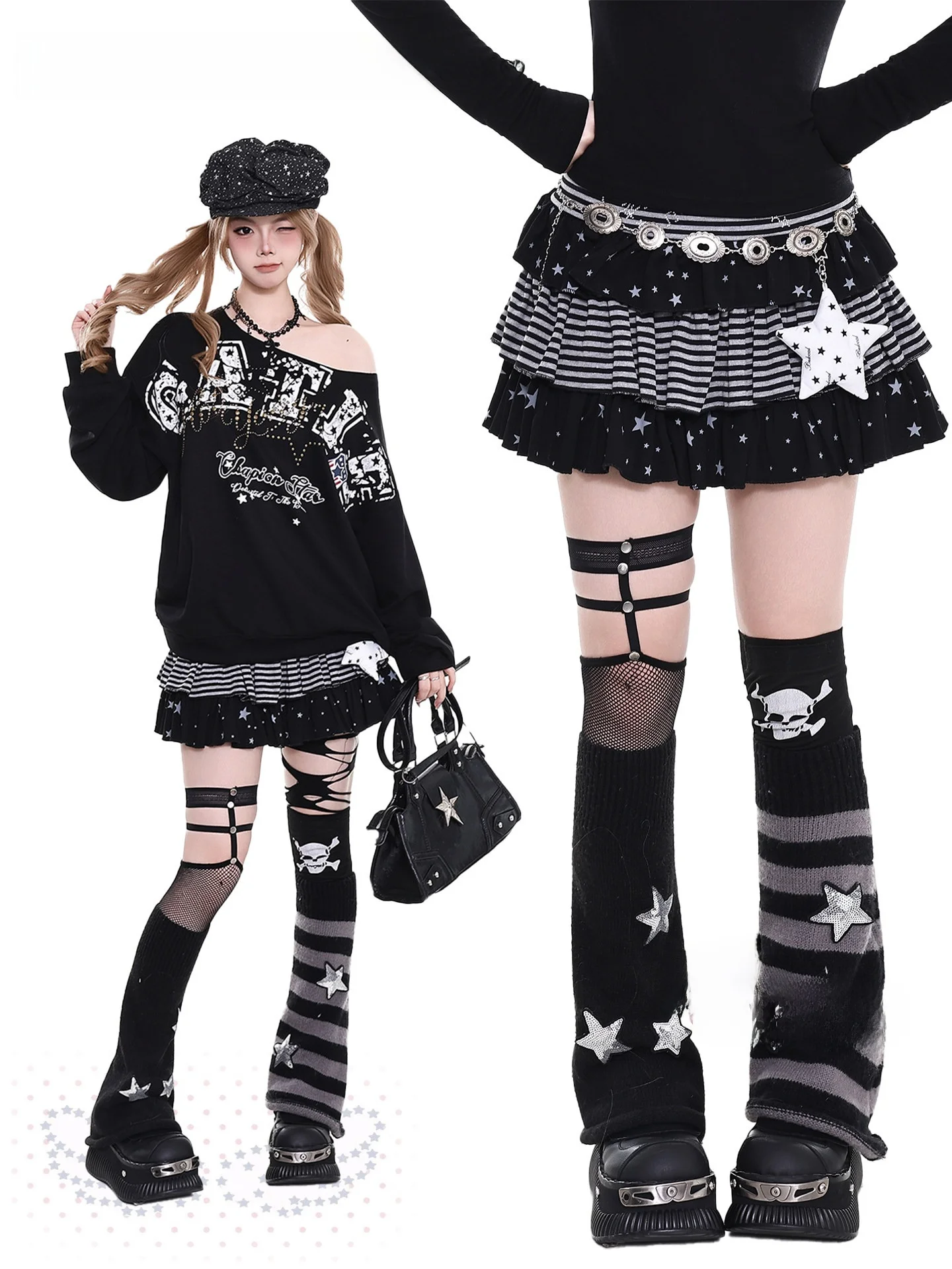 

Оранжевая юбка YO Light Youth в стиле пэчворк с полосками и звездами, расклешенная, двухслойная, в стиле Y2K