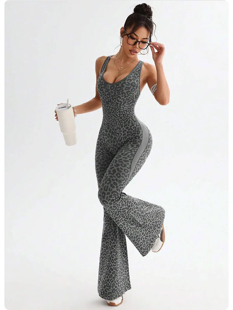 Neue Leopard Print Body Frauen Nahtlose Ausgestelltes Hosen Overalls Sexy einteiliges Fitness Anzug Kreuz Zurück Stretchy Yoga Overalls – Detail 13