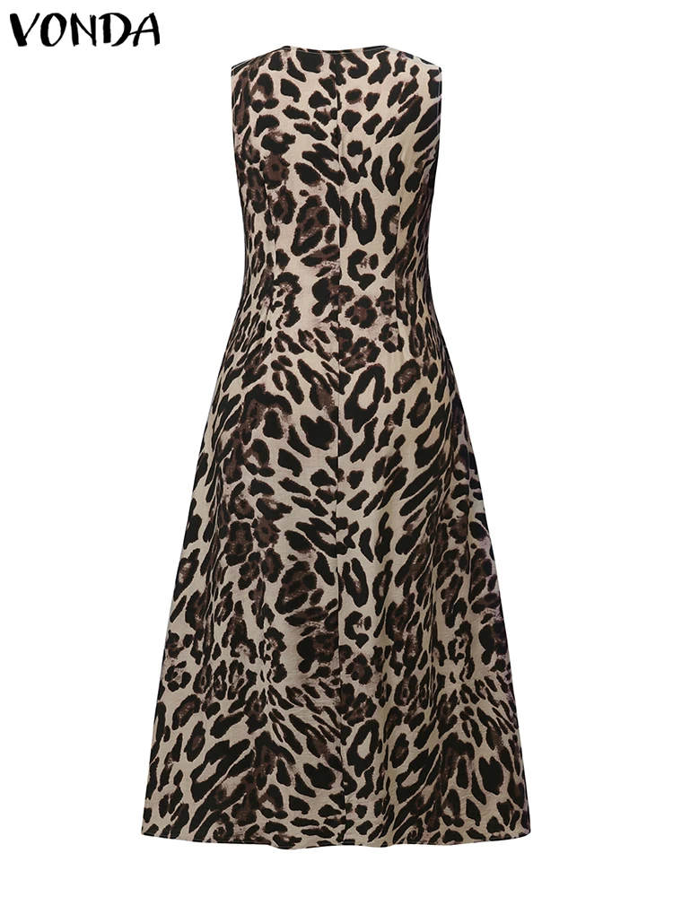 VONDA Women Vintage Dress Summer Leopard Print Maxi Long Sundress 2025 Sleeveless Party Rufled Vestidos Casual V Neck Robe