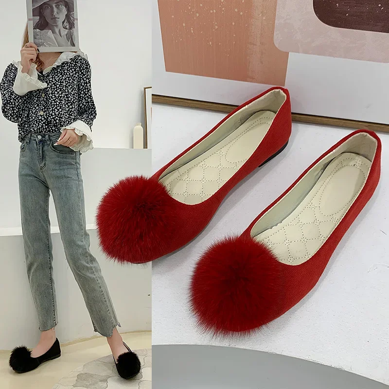 Furball single shoe woman 2024 Spring and Autumn Korean version square head suede women\'s flats big size casual shoes for women