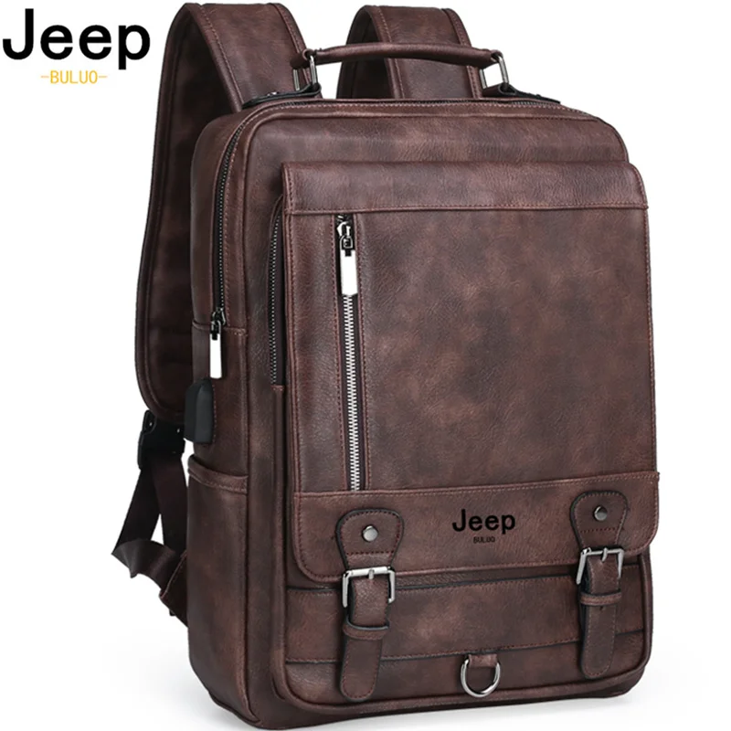 JEEP BULUO Fashion Leather Men Backpack Business Male 15.6'' Laptop Bag Daypacks Large Capacity Travel College School Bag