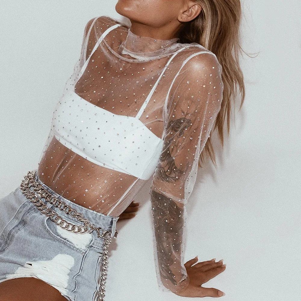 Nice Women O-Neck Sparkle Tee Tops Sexy Clubwear Sheer Mesh Sequins Tops Glitter See-Through Translucent Long Sleeve Feminist Sh