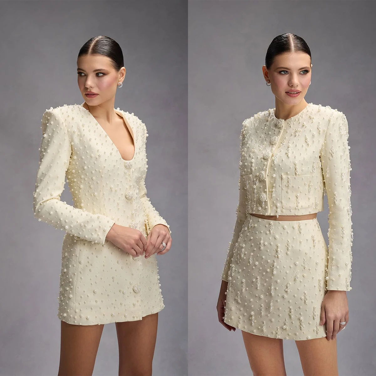 

Vintage Pearl Beaded Women Dress Suits 2 Pieces Plus Size Tea Length Blazer Dress Customized Party Prom Celebrity Outfit