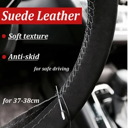 37-38cm Suede Fiber Cowhide Genuine Leather DIY Skidproof Car Steering Wheel Cover with Needle Thread Protective Cover