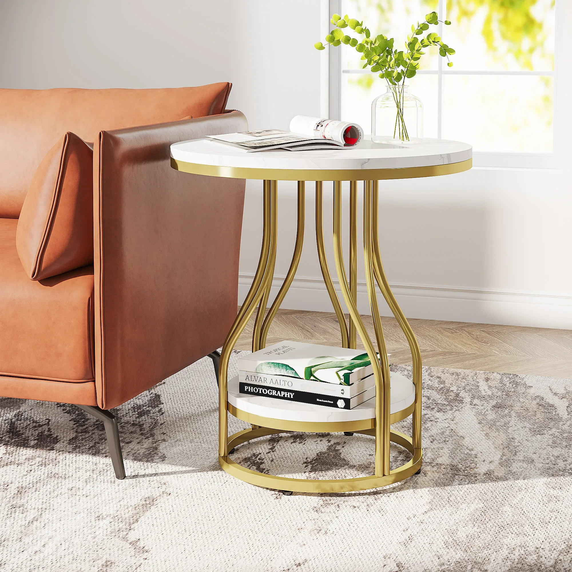 Tribesigns Round Side Table White Gold End Table 2-Tier End Table Modern Bedside Small Side with Storage for Couch S