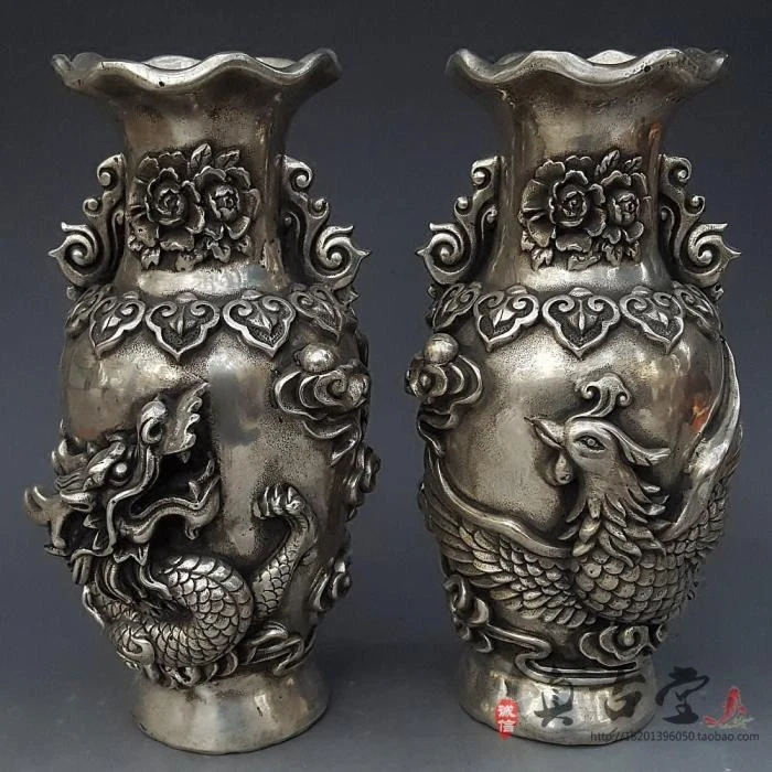 Antique Pure Copper Brass Silver-plated Dragon And Phoenix Vase Ornaments A Pair Of Peony Flowers, Dragons And Phoenixes, Auspic