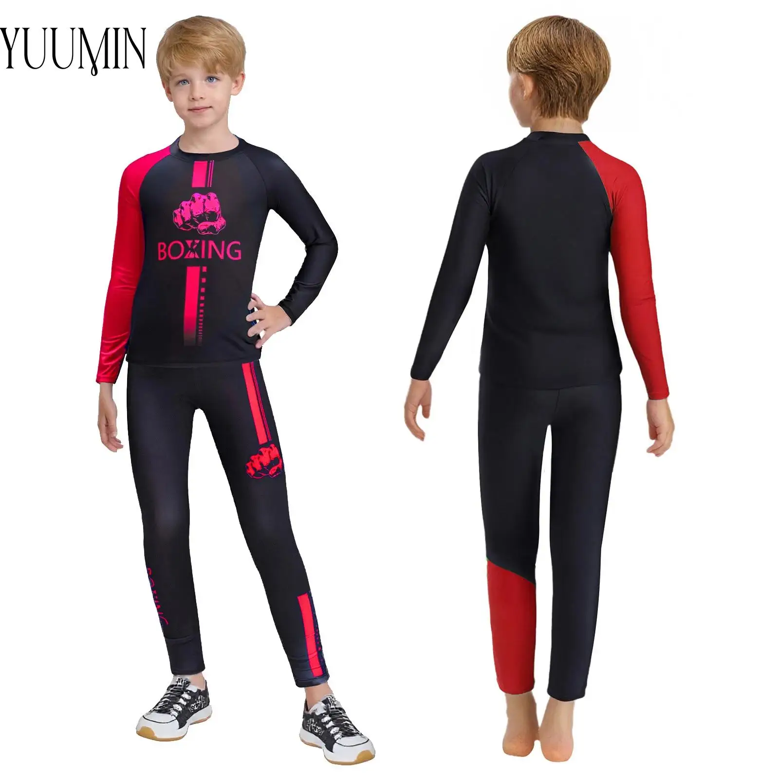 

Boys Kickboxing Fight Boxing Costume Outfit Kids Breathable Letter Printed Long Sleeve T-shirt with Leggings for Boxing Training