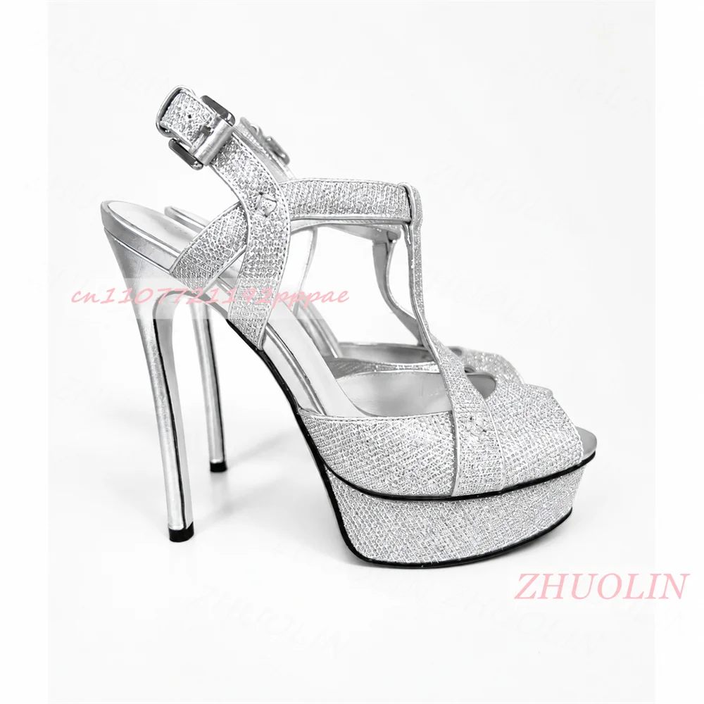 Women Peep Toe Platform Sandals Thin Stiletto Heel Gold Glitter T‑Strap Closure Ladies Wedding Party Evening High Heel Sandals