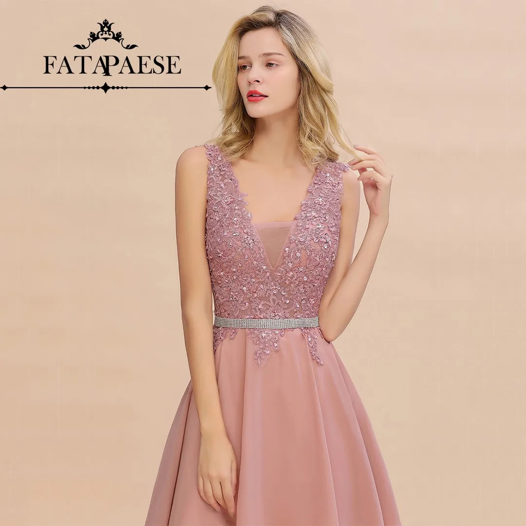 

FATAPAESE Elegant Cocktail Dress V-neck with Beading gem Stones Bodice Crystal Belt A Line Mini Short Ball Prom Party Gown