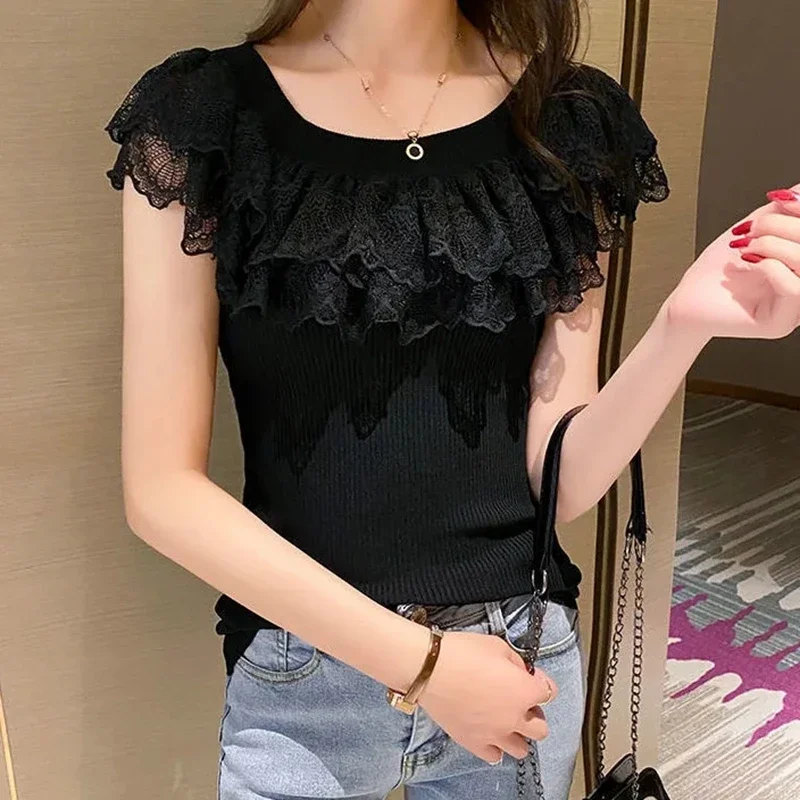Off The Shoulder Lace Ruffle Knit Top Rib-knit  Neck Sweater Blouse Tops Women Spring Summer 2026 Lady Coquette Fairycore