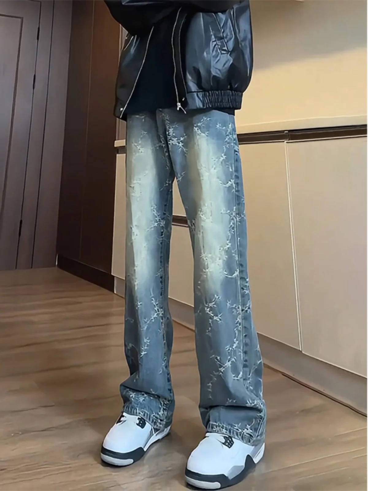 

Мужские джинсы с вышивкой в американском стиле High Street, расклешенные брюки с прямыми штанинами, дизайнерские прямые джинсы