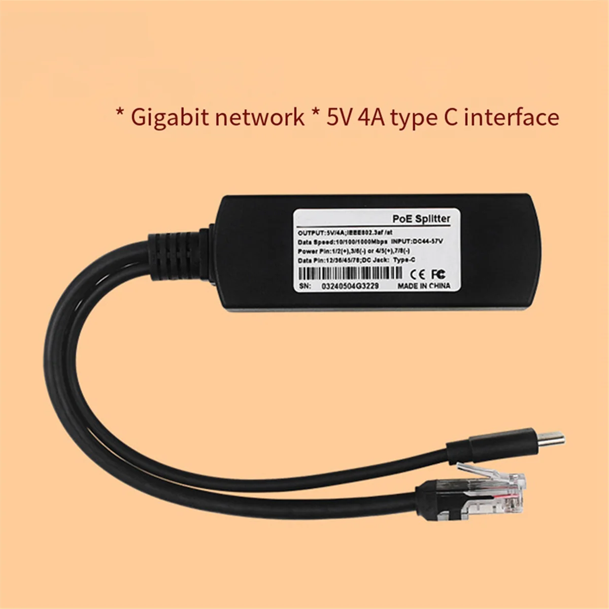 

AU32-для Raspberry Pi 5 PoE Splitter 5 В 4 А 10/100/1000 Мбит/с IEEE802.3af/At Type C PoE Splitter для Raspberry Pi 5B