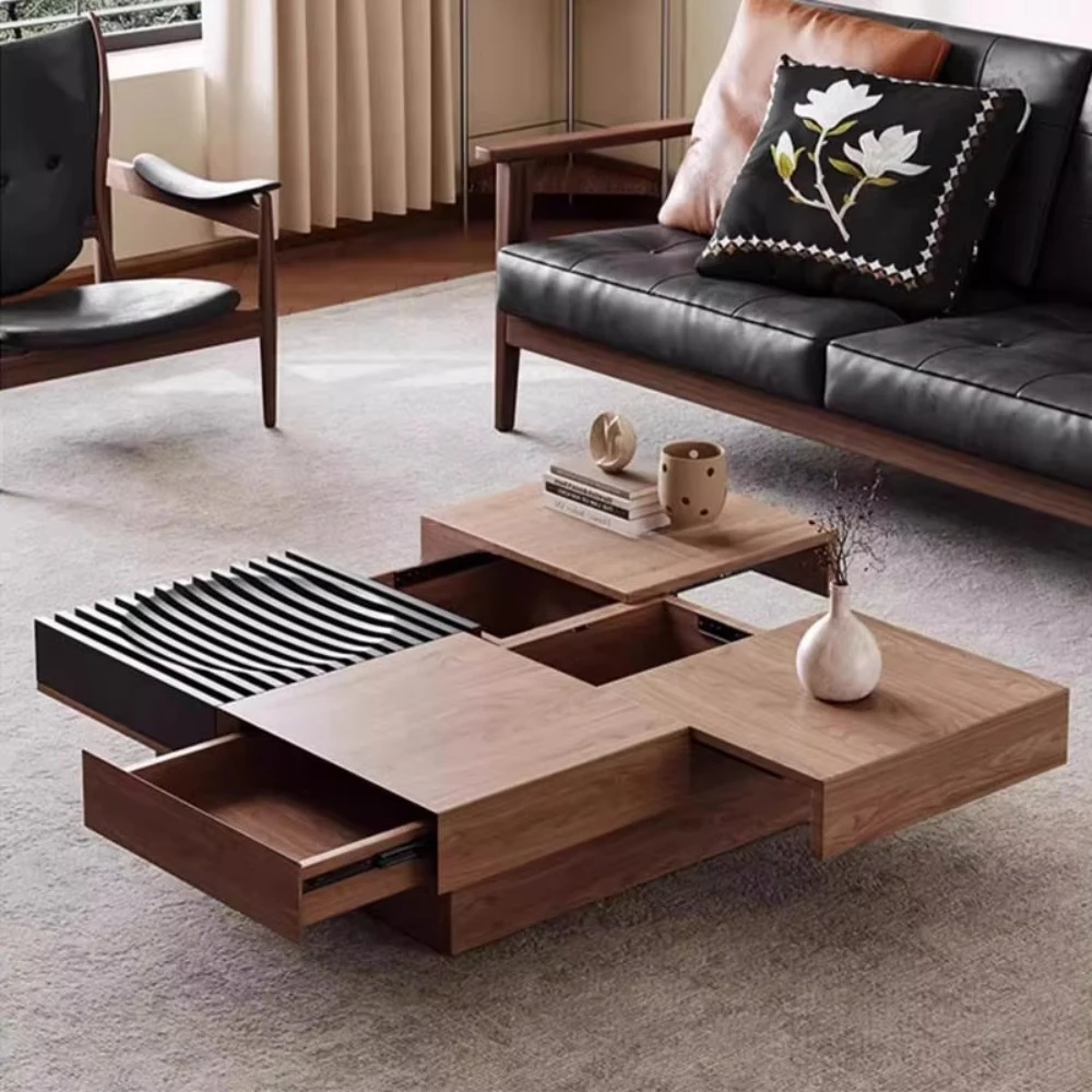 Modern Walnut Wood Coffee Table, Square Tea Table with Storage Drawers for Living Room