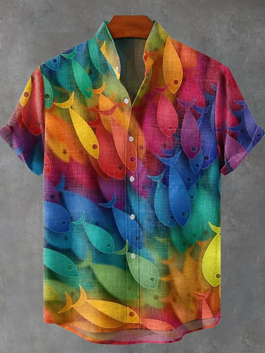 

New Vintage 3D Printed Fish Men Casual New Comfortable Linen Fabric Short Sleeve Shirt Button Print