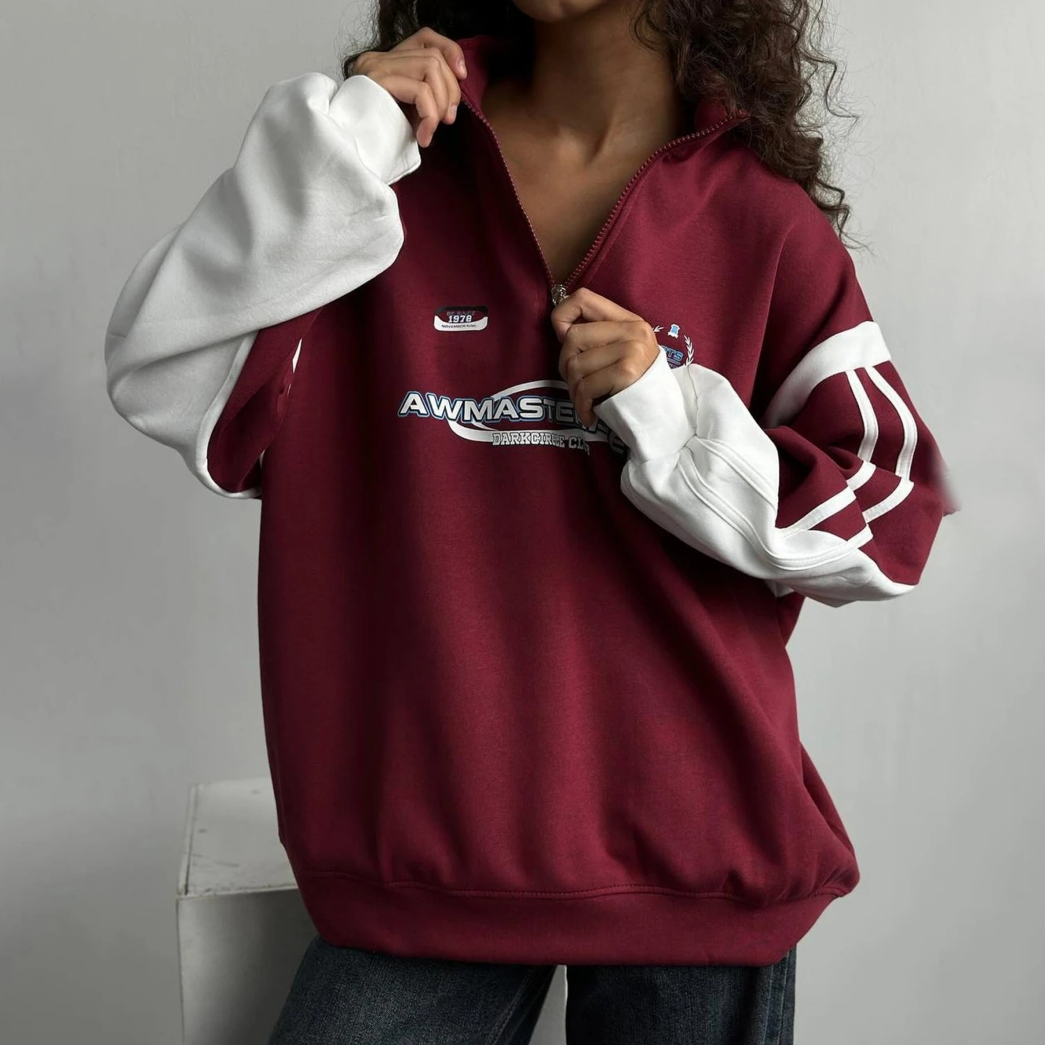 

Women's Hip-Hop Trends Long-sleeved Hoods, Louned Printer, Osize-contrast Color, Casual Man-to-Man, spring Autumn New