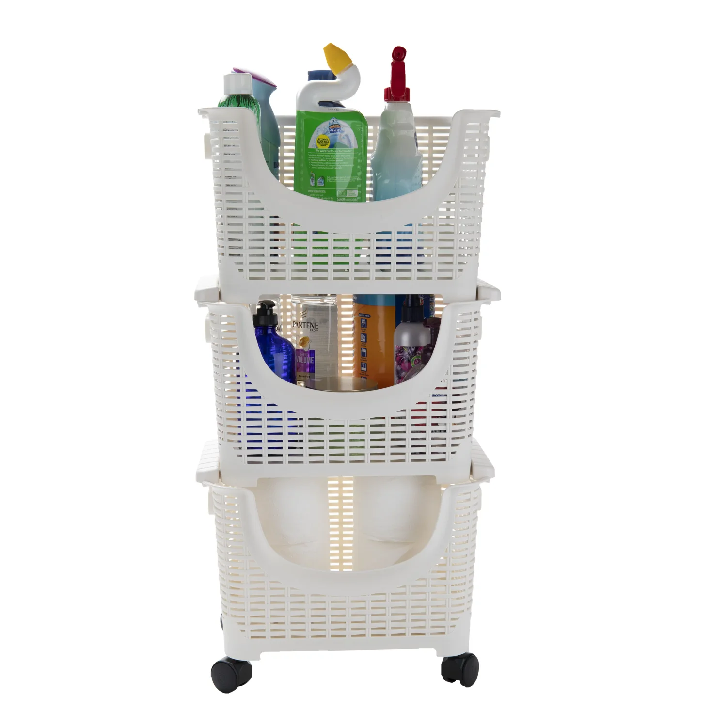 

3-Tier Stackable Rolling Storage Bins, Plastic, White