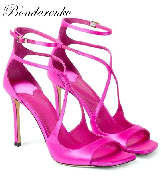 Women's Satin Sandals Metallic Leather Ankle Strap Sandals 9.5 cm Heels Fuchsia\Yellow\Black Open Toe Mules 2022 Designer Shoes