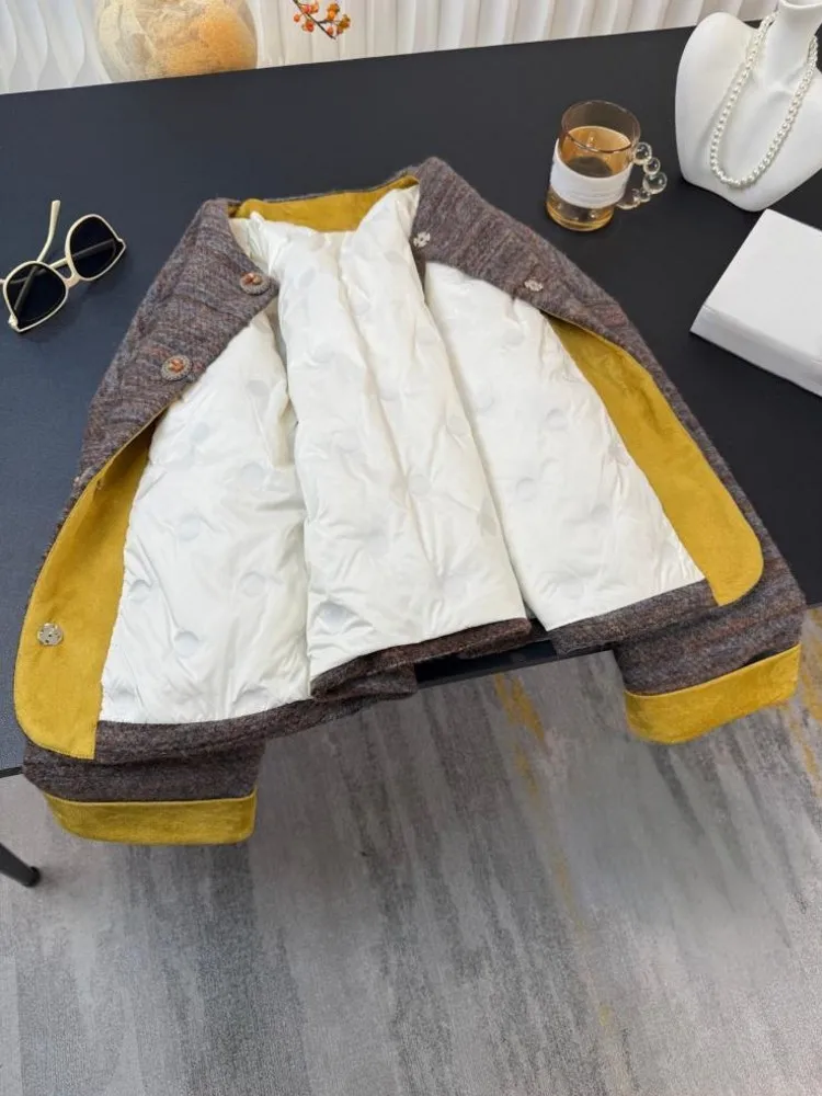 Elegante senhora moda listrado lã tweed jaqueta o pescoço único breasted inverno escritório feminino versátil para baixo casaco casual outerwear