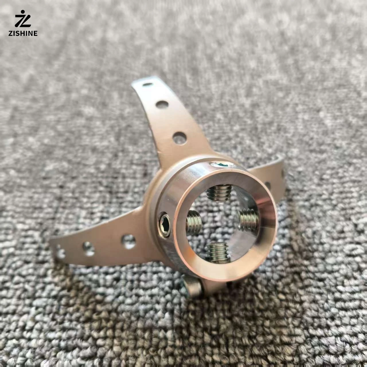 Rotatable male-female three-jaw connector plate prosthetic accessory; stainless steel prosthetic socket connection.