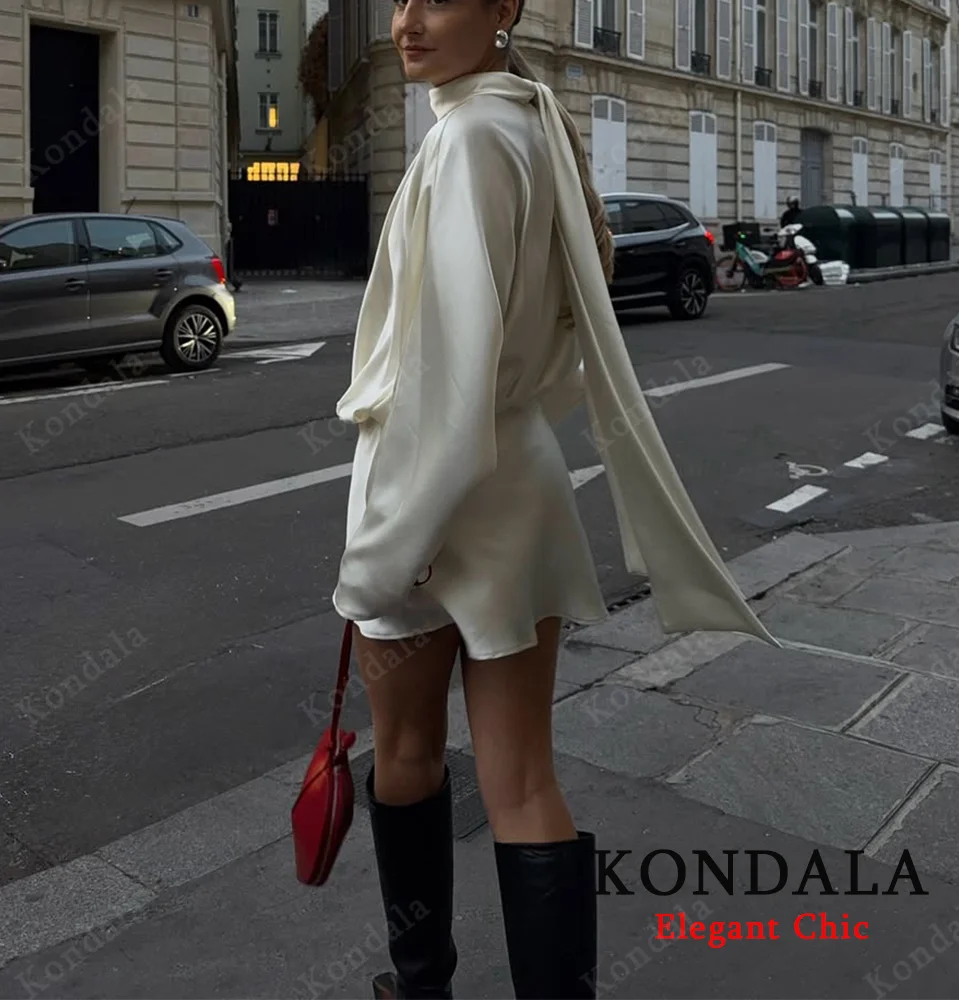 KONDALA-Vestido corto con cuello de bufanda de satén Beige, vestido de fiesta elegante de manga larga para mujer, moda de otoño 2025, vestido de calle para mujer