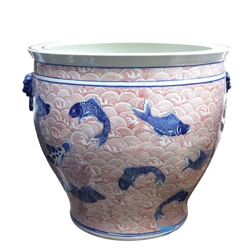 RYLU176-C Shengjiang pure hand made underglaze red fish pattern ceramic pot