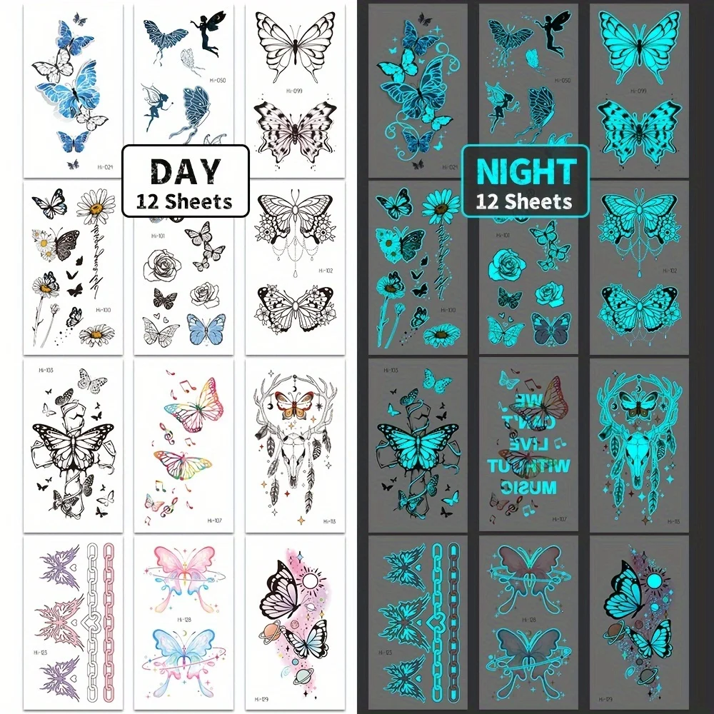 12 Sheets Butterfly Luminous Temporary Tattoo Blue Glow In the Dark Tattoo Sticker For Women Hands Face Tattoo Music Party Decor