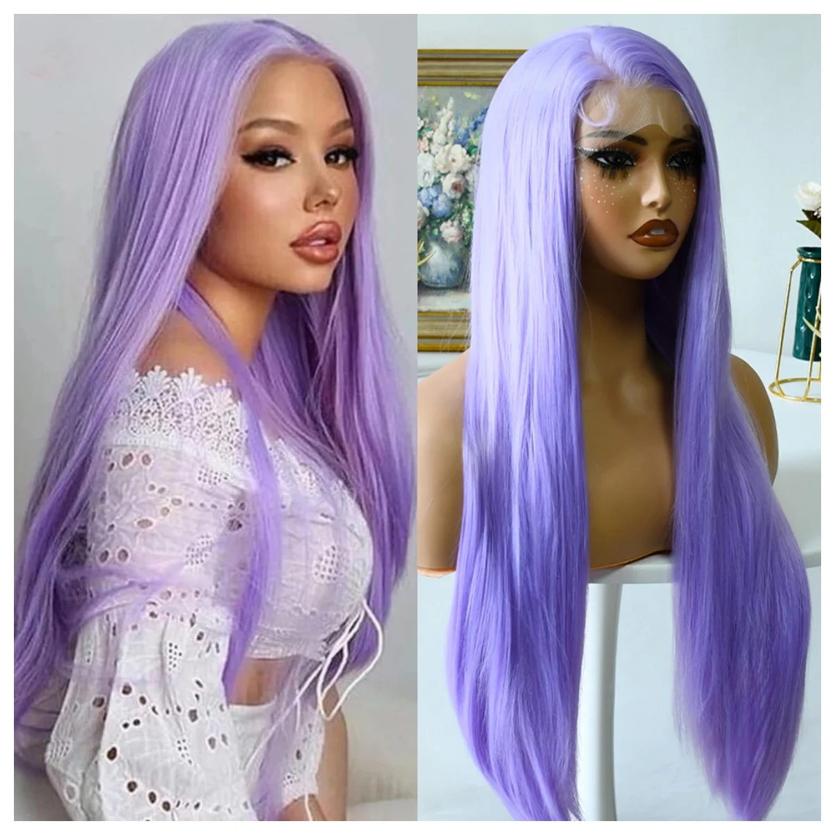 

13×4 Light Purple Straight Wig HD Pre Plucked Colored Straight Lace Front Wig Purple Wig Synthetic Lace Frontal Wigs 가발