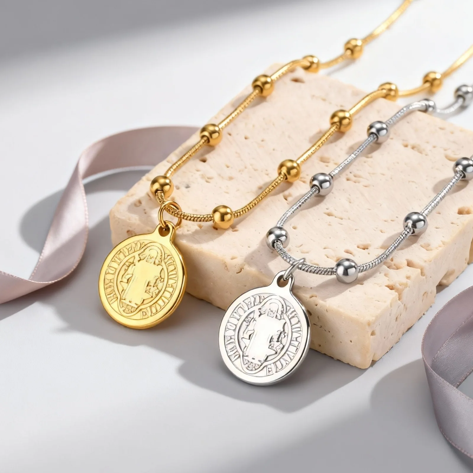 Vnox Catholic Charm Saint Benedict Pendant Necklace Stainless Steel Snake Chain Collar Lightweight Jewelry