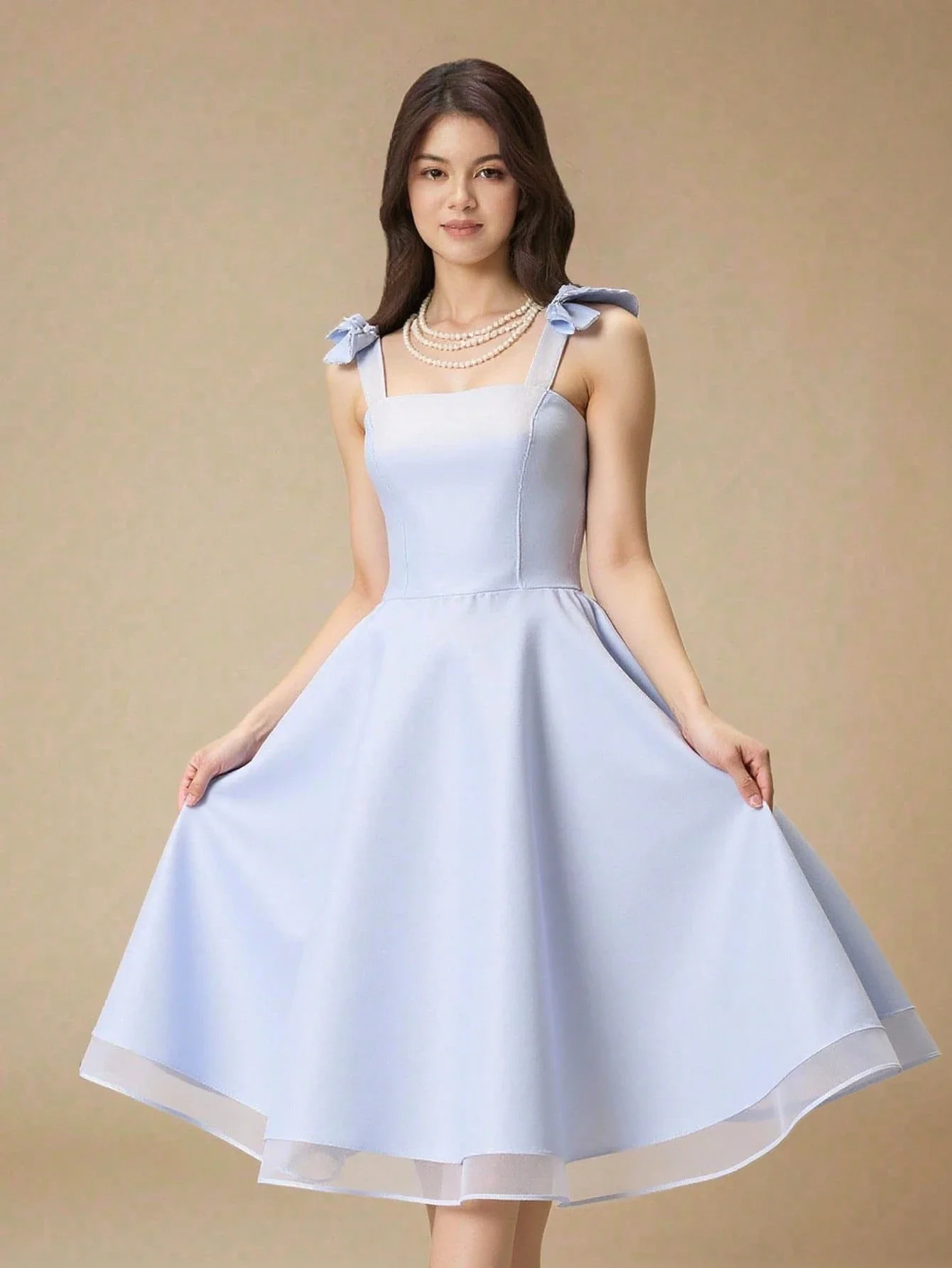 

Женское платье миди с квадратным вырезом, без рукавов, с бантом на плече, на молнии сзади, А-силуэт, из тюля